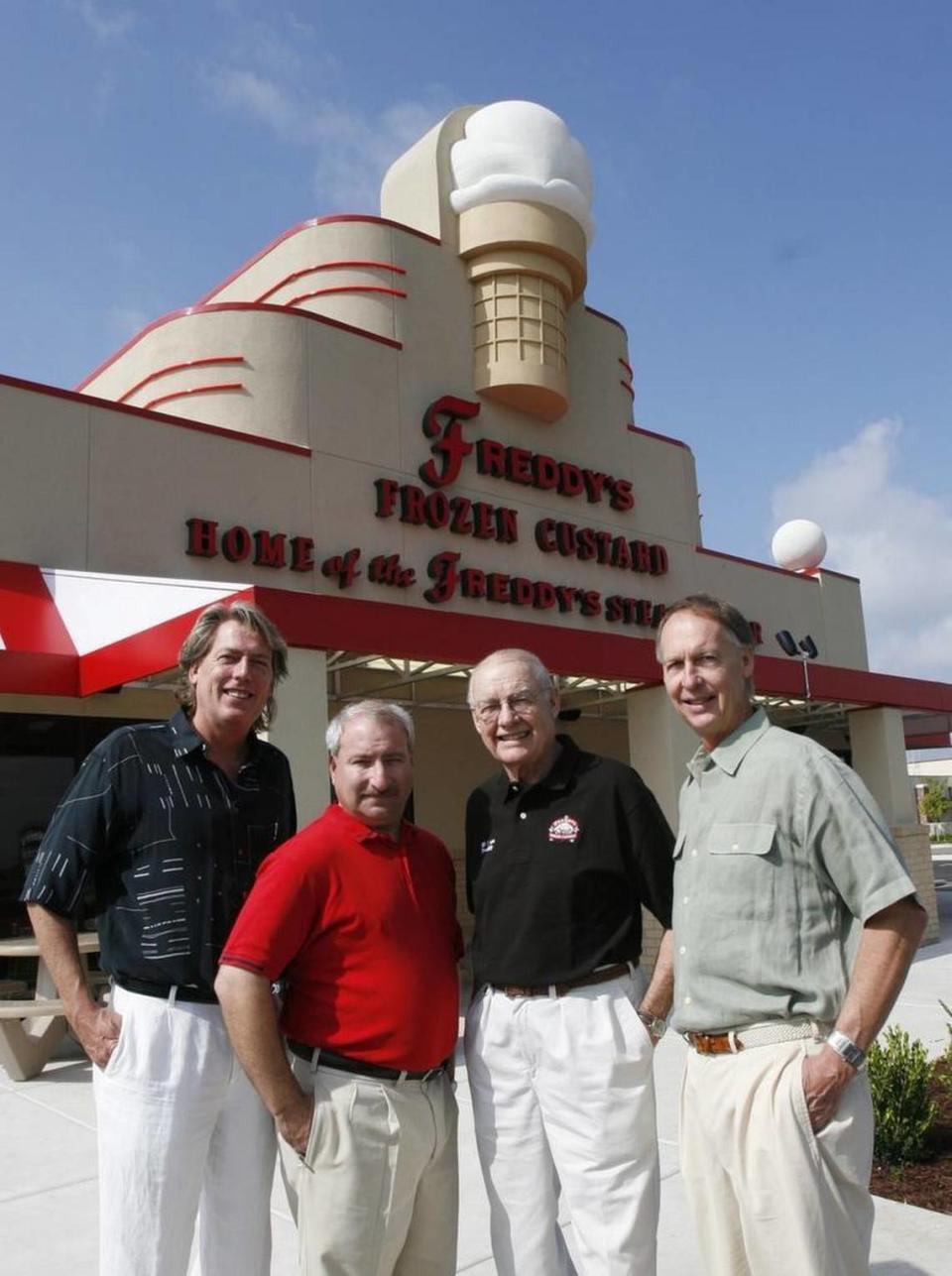Freddy’s Frozen Custard co-founders are pictured in 2016: Bill Simon, left, Scott Redler and Randy Simon, right, and the restaurant’s namesake Freddy Simon, second from right. TheWichita Eagle/File photo