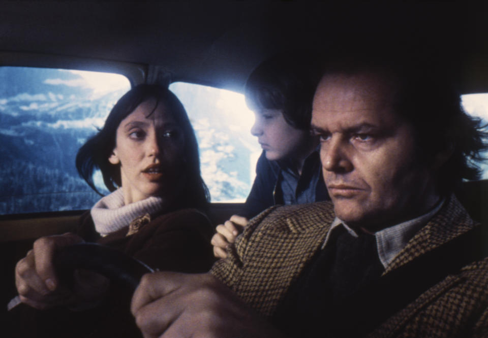 American actors Jack Nicholson, Danny Lloyd and Shelley Duvall on the set of The Shining, based on the novel by Stephen King, and directed by Stanley Kubrick. (Photo by Sunset Boulevard/Corbis via Getty Images)