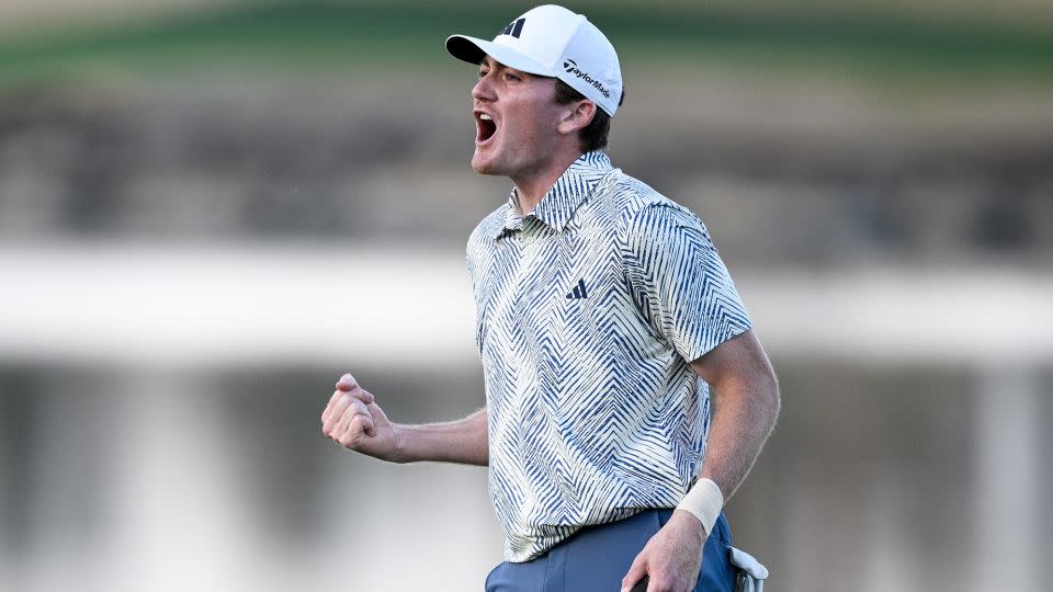 Dunlap celebrates his first win on the PGA Tour at The American Express. - Orlando Ramirez/Getty Images