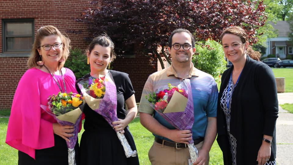 WHS principal Mary Asfendis (L) congratulates (L-R) WHS social studies teacher Kimberly Leegan, English teacher Elizabeth Palamara, production manager Matthew DiFabio, and social studies teacher Ryan Daly (not pictured) as recipients of 2022 awards of excellence.