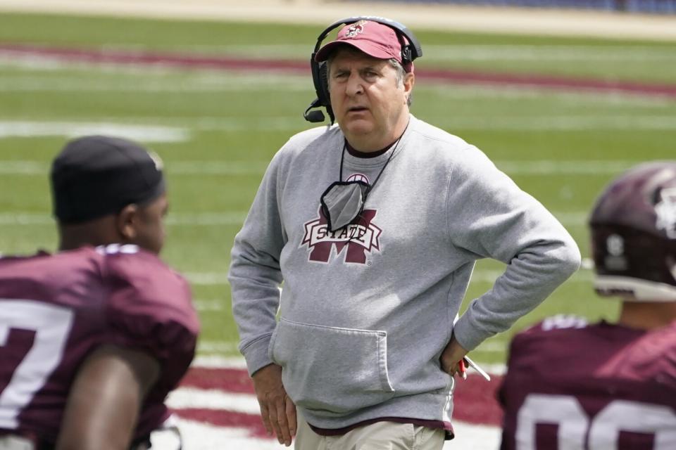 Mississippi State coach Mike Leach watches from the sideline during the Maroon and White spring game in April.