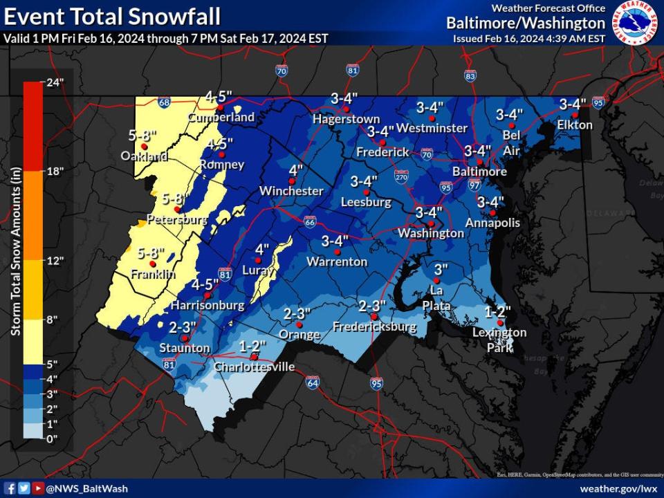 The National Weather Service's forecasted snow totals for Western Maryland and northeast West Virginia for Feb. 16-17, 2024.