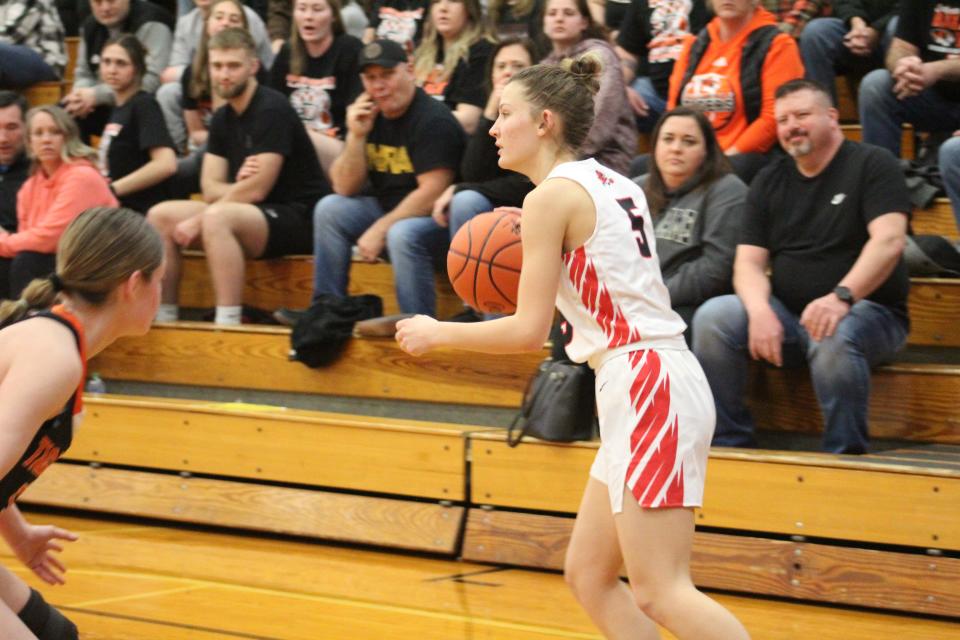 Loudonville's Addison Wolford dribbles in the corner against Springfield in the regional final.