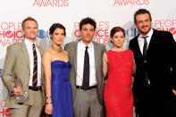 LOS ANGELES, CA - JANUARY 11: (L-R) Neil Patrick Harris, Cobie Smulders, Josh Radnor, Alyson Hannigan and Jason Segel pose with Favorite Network TV Comedy Award for "How I Met Your Mother" in the press room during the 2012 People's Choice Awards at Nokia Theatre L.A. Live on January 11, 2012 in Los Angeles, California. (Photo by Jason Merritt/Getty Images)