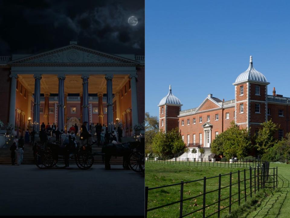 The entrance of Osterly Park and House in "Bridgerton" (left) and an angled shot of the same residence from the side showcasing its front gardens (right).