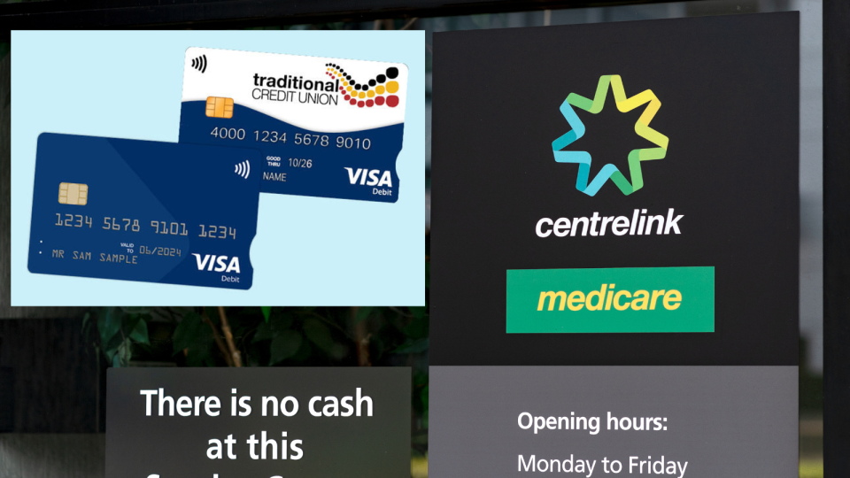 A composite image of the Centrelink logo on the exterior of a building and a copy of the new debit card.