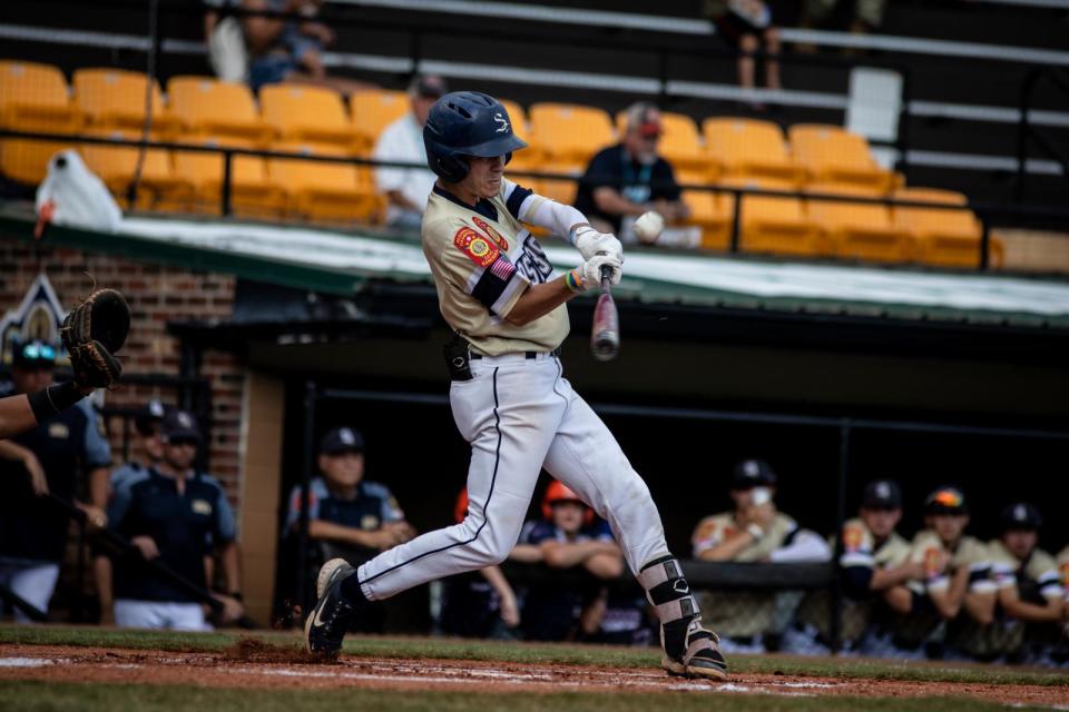 Shrewsbury Post 397 shortstop AJ Hamm swings during Friday's game.