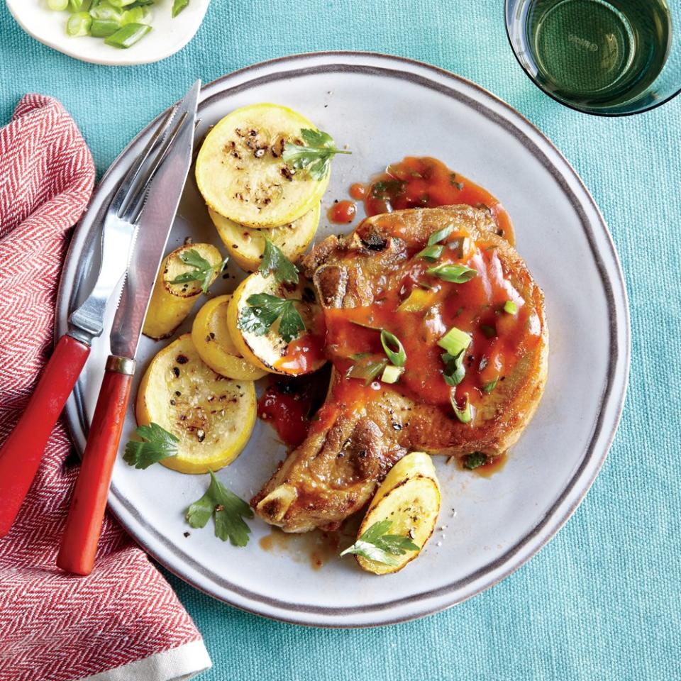 Pork Chops with Tomato Gravy and Squash