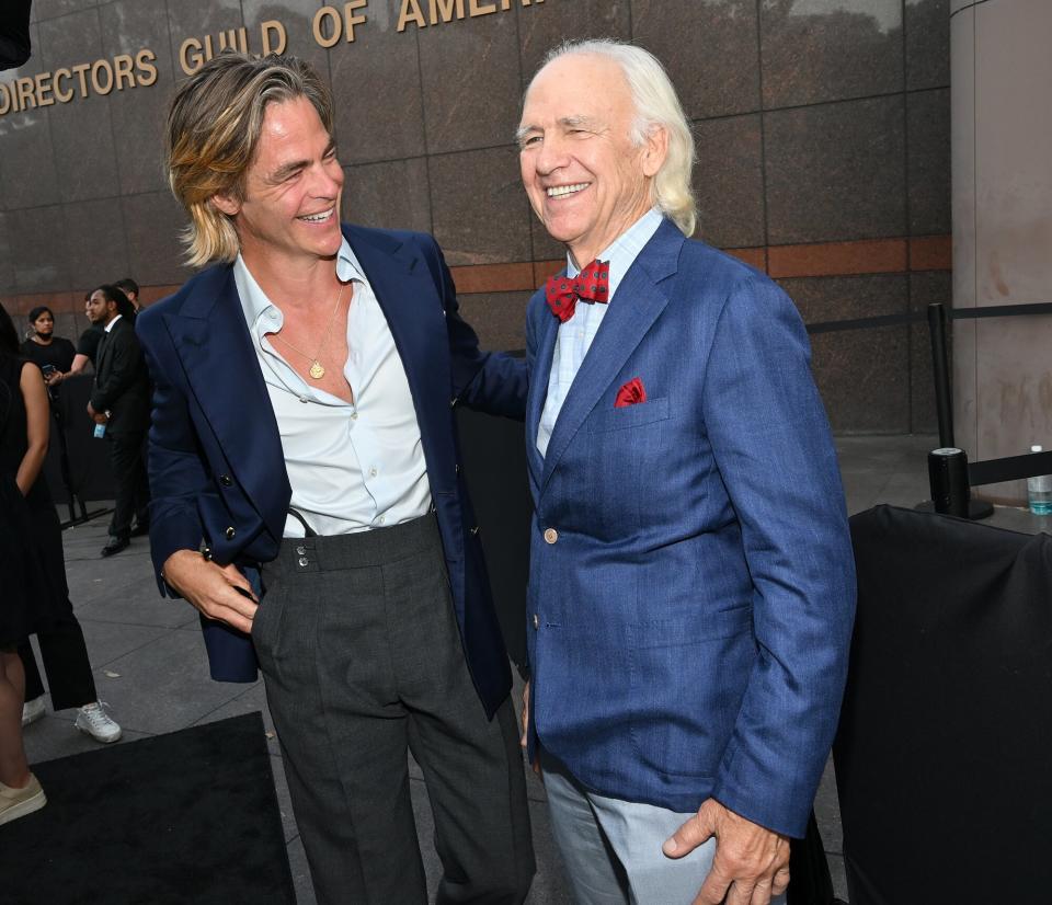 Chris Pine and Robert Pine arrive at the premiere of the Apple TV+ limited series "Five Days at Memorial" held at the DGA Theater Complex on August 8, 2022 in Los Angeles, California.