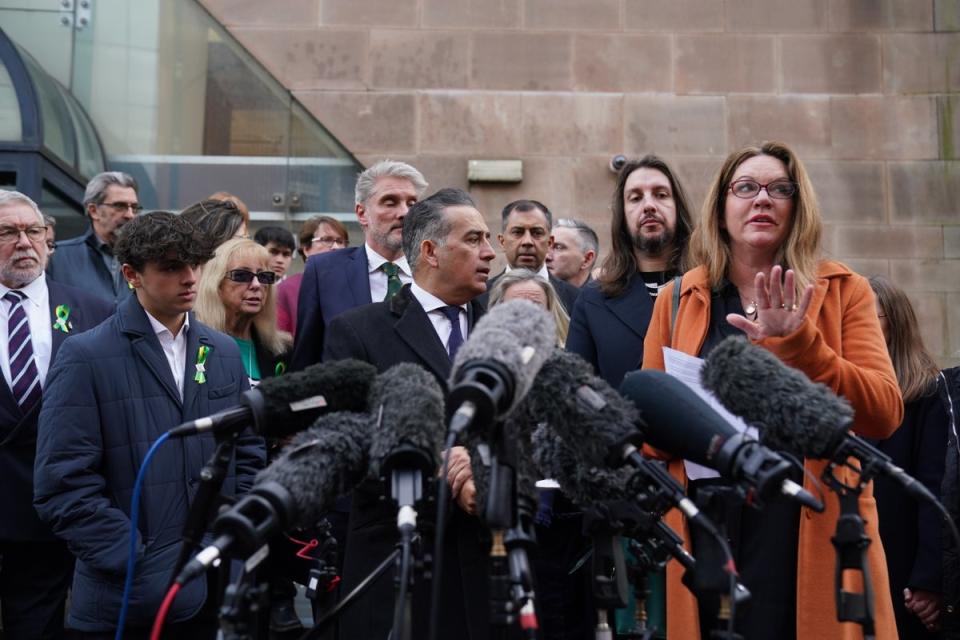 The families of Barnaby Webber, Grace O’Malley-Kumar and Ian Coates outside Nottingham Crown Court (Jacob King/PA Wire)