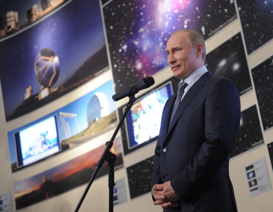 Russian Prime Minister Vladimir Putin speaks during an award ceremony in Moscow's Planetarium in Moscow, Thursday, April 12, 2012. Putin presented awards on the Cosmonaut Day marking Yuri Gagarin's pioneering flight into space on April 12 1961. (AP Photo/RIA-Novosti, Alexei Druzhinin, Government Press Service)