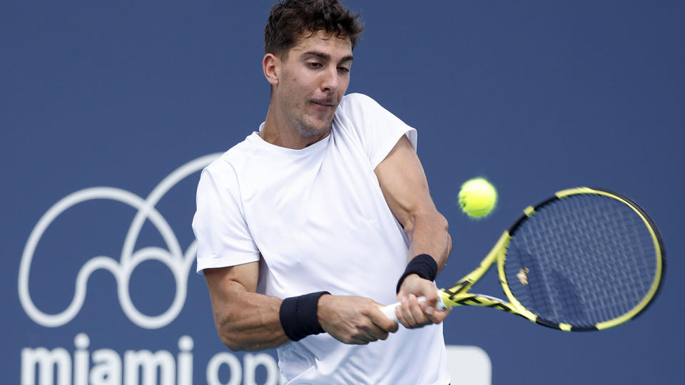 Thanasi Kokkinakis, pictured here in action against Shintaro Mochizuki at the Miami Open.