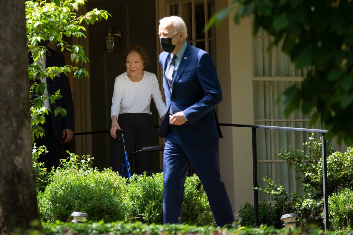 Former First Lady Rosalynn Carter (L) waits as US President Joe Biden leaves after he visited former US President Jimmy Carter, April 29, 2021, in Plains, Georgia. (AFP via Getty Images)