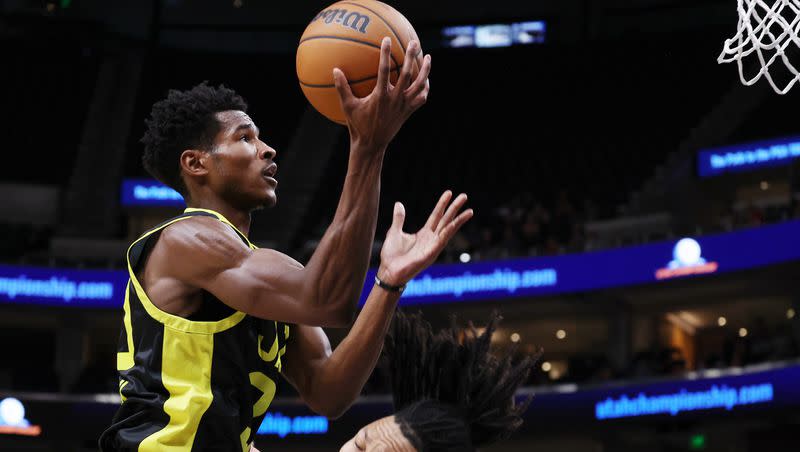 Utah Jazz guard Ochai Agbaji is hit with an offensive foul as he crashes into the Oklahoma City’s Jaylin Williams as they play in Summer League action at the Delta Center in Salt Lake City on Monday, July 3, 2023. Jazz lose 95-85.