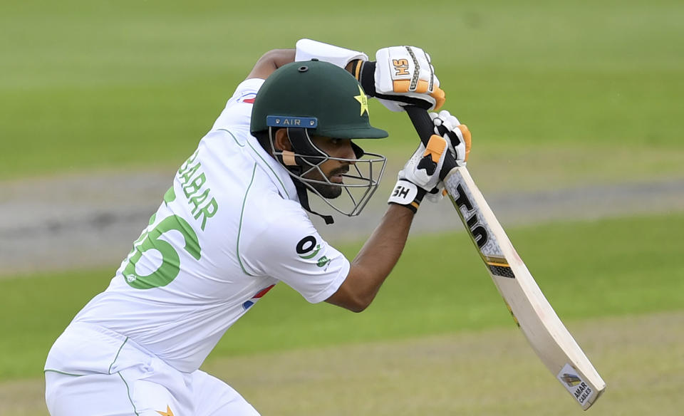 Pakistan's Babar Azam bats during the first day of the first cricket Test match between England and Pakistan at Old Trafford in Manchester, England, Wednesday, Aug. 5, 2020. (Dan Mullan/Pool via AP)