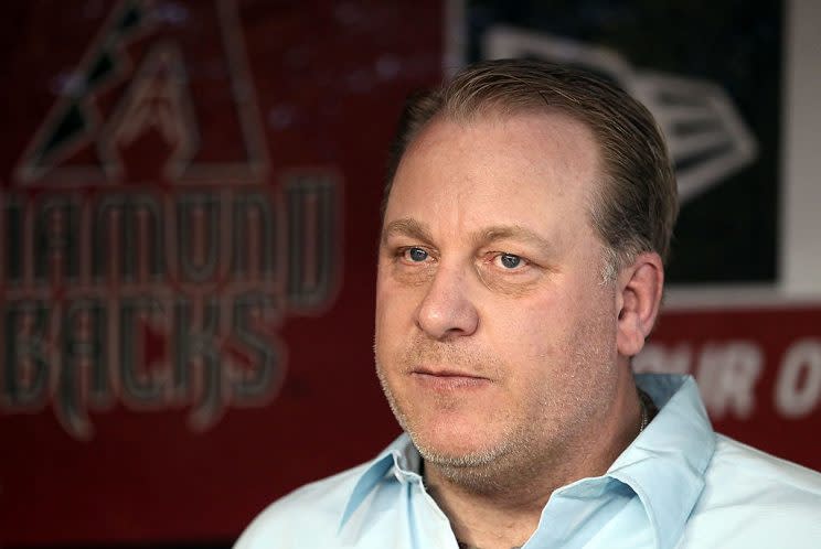 PHOENIX, AZ - SEPTEMBER 10: Curt Schilling, former member of the 2001 Arizona Diamondbacks World Series team walks in the dugout before the Major League Baseball game against the San Diego Padres at Chase Field on September 10, 2011 in Phoenix, Arizona. The Diamondbacks are celebrating the 10th anniversary of their World Series title. (Photo by Christian Petersen/Getty Images)