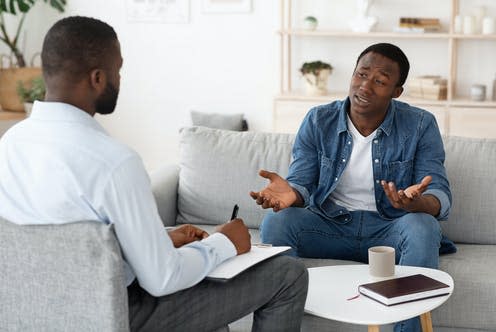 <span class="caption">Cognitive behavioural therapy is used to treat a variety of common conditions.</span> <span class="attribution"><a class="link " href="https://www.shutterstock.com/image-photo/stressed-black-man-explaining-his-problems-1793034835" rel="nofollow noopener" target="_blank" data-ylk="slk:Prostock-studio/ Shutterstock;elm:context_link;itc:0;sec:content-canvas">Prostock-studio/ Shutterstock</a></span>