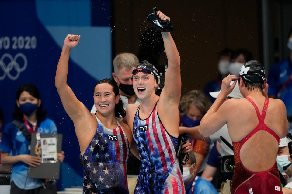 Katie Ledecky (USA) and Erica Sullivan (USA) celebrate after placing first and second in the women's 1500m freestyle final during the Tokyo 2020 Olympic Summer Games.