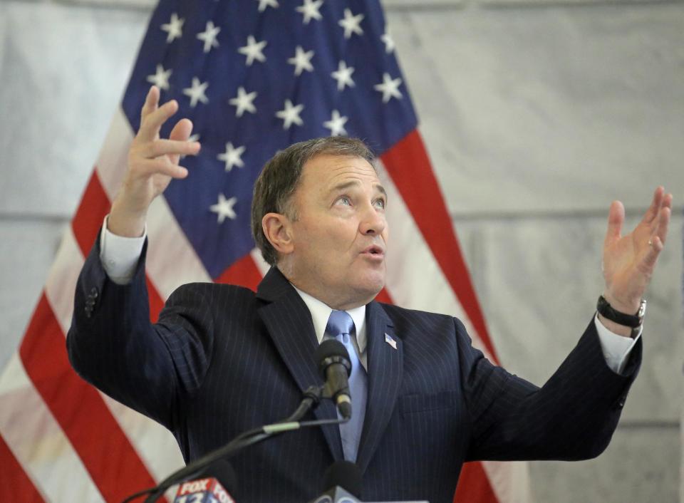 Utah Gov. Gary Herbert speaks during a news conference with the Council for a Strong America at the Utah State Capitol Tuesday, Feb. 21, 2017, in Salt Lake City. The Outdoor Retailer show announced last Thursday, Feb. 16, 2017, it would be leaving Utah after two decades. The decision came hours after a conference with outdoor industry leaders in which Gov. Herbert refused to stand down from his call for President Donald Trump to rescind the new Bears Ears National Monument. (AP Photo/Rick Bowmer)