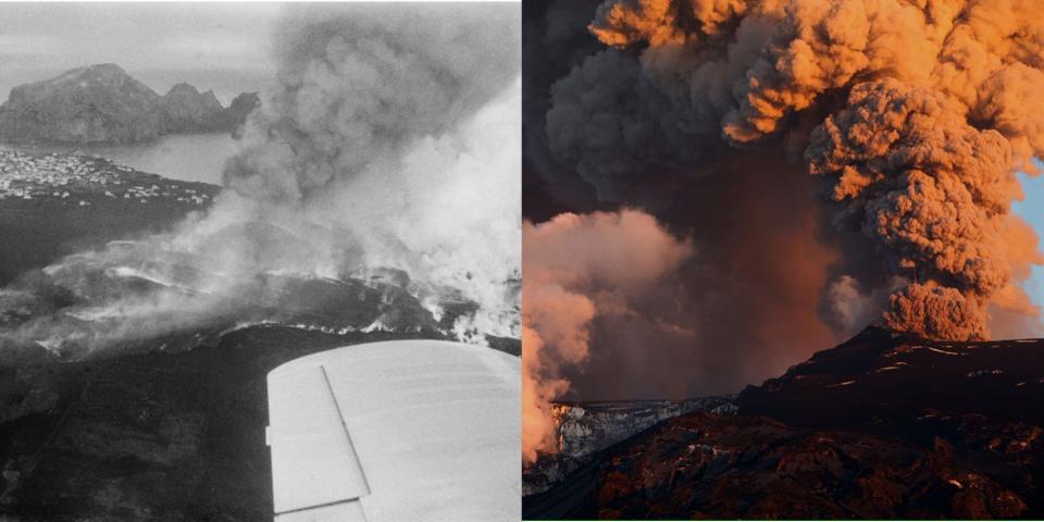 Side by side pictures show two previous eruptions in Iceland, Left is the eruption in the Westman islands, a black and white picture of smoke and ash rising from the ground taking from a plane. Right is a picture of Eyjafjallajökull in 2010, it's ash cloud billowing high above the volcano.