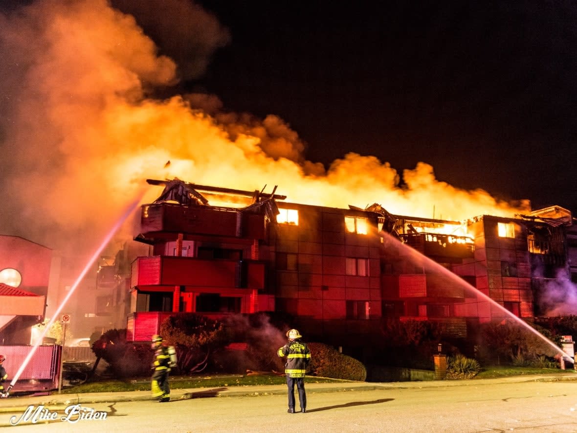 The fire in October 2020 destroyed much of the building and left dozens of people homeless.  (Mike Biden/Penticton Fire Department - image credit)