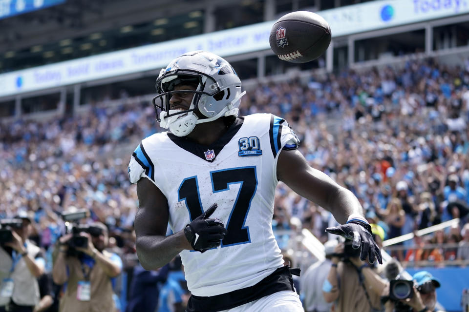 Carolina Panthers wide receiver Xavier Legette celebrates after scoring against the Cincinnati Bengals during the first half of an NFL football game, Sunday, Sept. 29, 2024, in Charlotte, N.C. (AP Photo/Erik Verduzco)