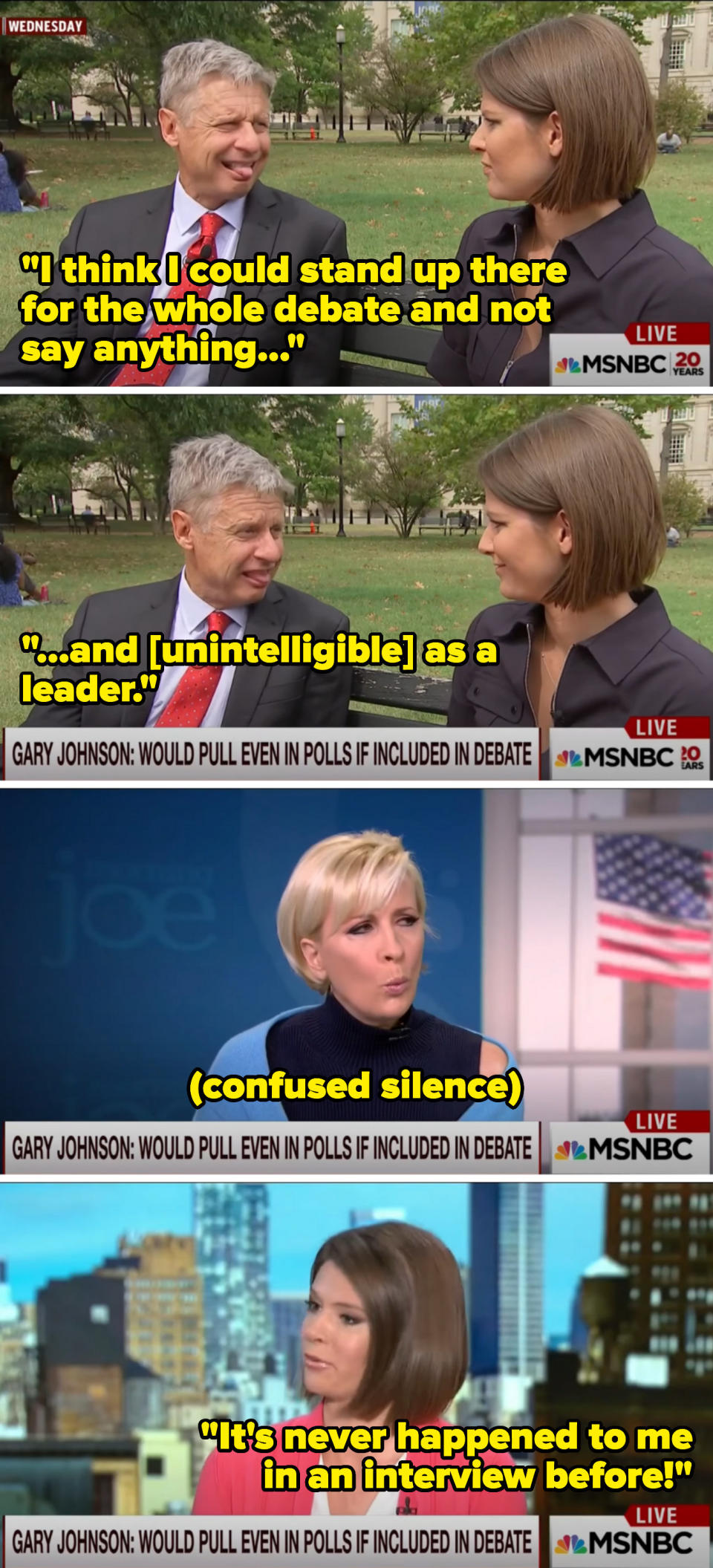 From the news interview, Gary says he would still be great in a debate even if he just stood there and then keeps his tongue sticking out for the interview. The woman at the news then says she's never had that happen before