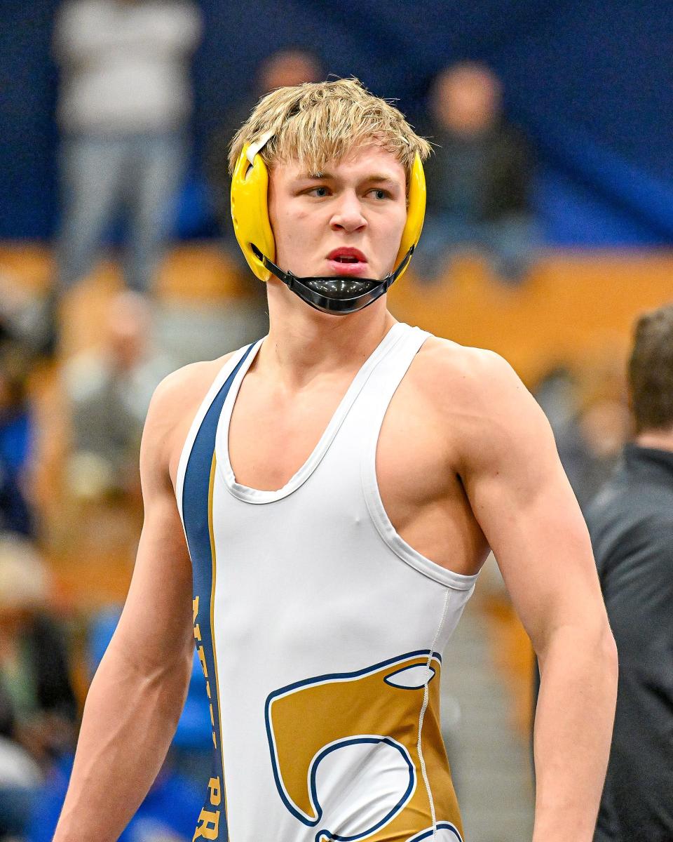 New Prairie’s Jeffrey Huyvaert pauses during the 138 lb. championship Saturday, Jan. 14, 2023, at Elkhart High School. Huyvaert defeated Penn’s Wesley Harper.