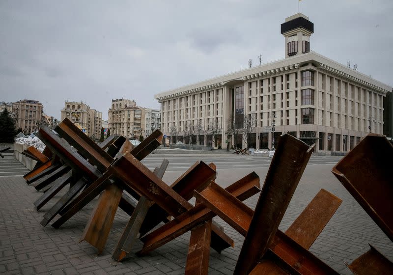 FILE PHOTO: Anti-tank constructions are seen in central Kyiv