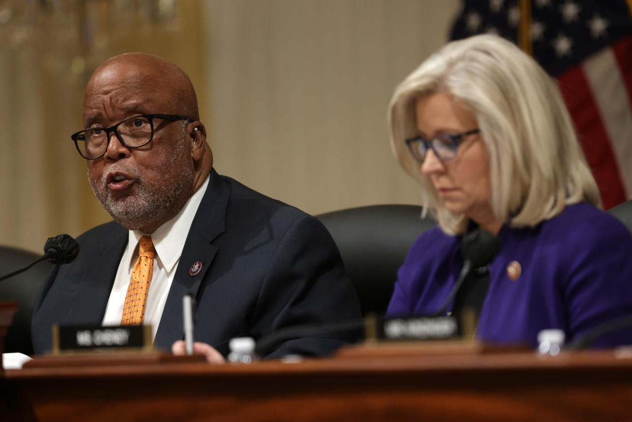 WASHINGTON, DC - OCTOBER 19:  U.S. Rep. Bennie Thompson (D-MS), chair of the select committee investigating the January 6 attack on the Capitol, speaks during a committee business meeting as vice chair, Rep. Liz Cheney (R-WY) looks on at Cannon House Office Building on Capitol Hill October 19, 2021 in Washington, DC. The committee voted to hold former Trump adviser Stephen Bannon in criminal contempt for refusing to cooperate with the committee’s subpoena.  (Photo by Alex Wong/Getty Images)