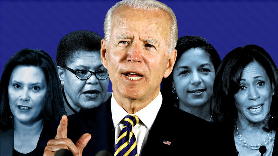 Gov. Gretchen Whitmer, Rep. Karen Bass, Joe Biden, Susan Rice and Sen. Kamala Harris. (Photo illustration: Yahoo News; photos: AP)