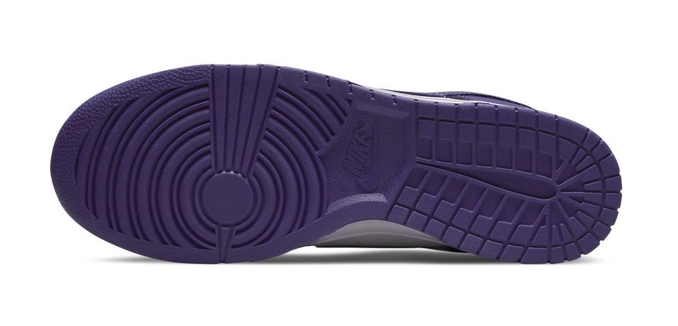 The outsole of the Nike Dunk Low “Championship Court Purple.” - Credit: Courtesy of Nike