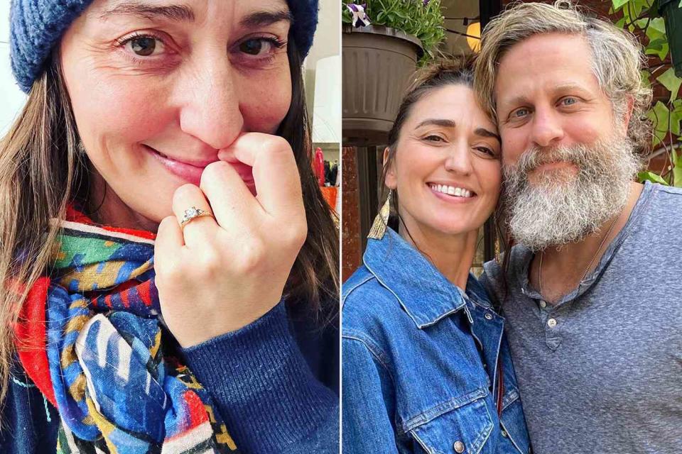 <p>Sara Bareilles/ Instagram</p> Sara Bareilles shows off her ring; Sara Bareilles and Joe Tippett