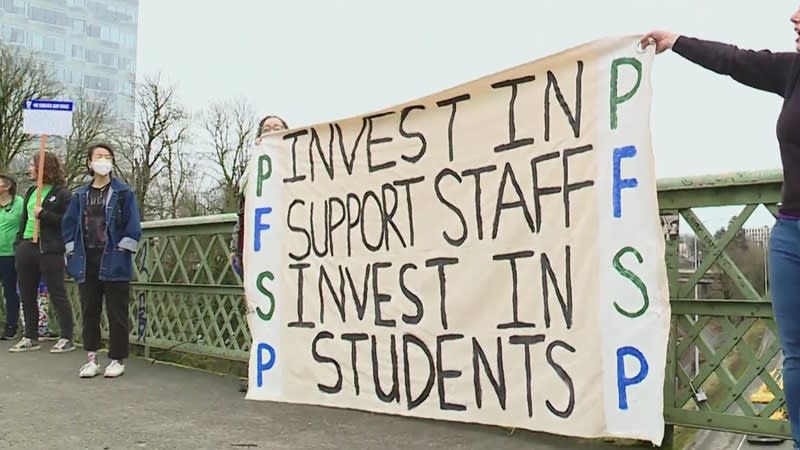 Members of the Portland Federation of School Professionals held a practice picket outside Benson High School, January 28, 2024 (KOIN)