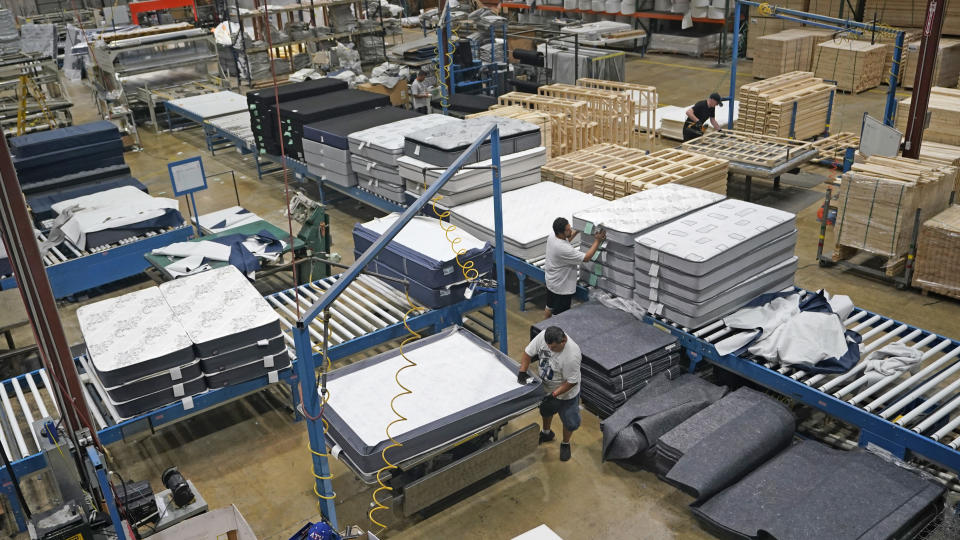 The Uinta Mattress production warehouse is shown Friday, Sept. 9, 2022, in Salt Lake City. Inflation and rising costs for everything from labor to raw materials have forced many small businesses to raise prices. Mattress maker Schuyler Northstrom saw a drop in customer demand after raising prices.(AP Photo/Rick Bowmer)