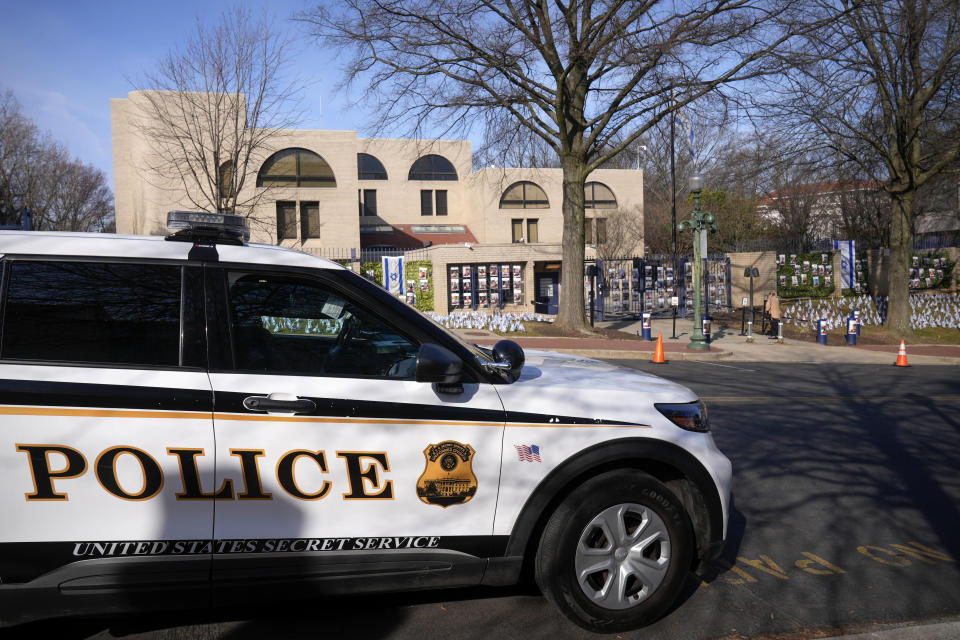 A Secret Service vehicle parked outside of the Israeli Embassy.