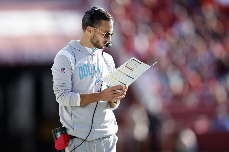 Miami Dolphins head coach Mike McDaniel walks on the sideline during the first half of the team's NFL football game against the San Francisco 49ers in Santa Clara, Calif., Sunday, Dec. 4, 2022. (AP Photo/Jed Jacobsohn)