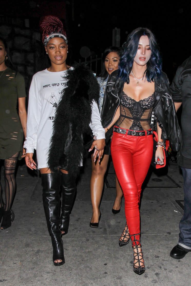 Bella Thorne and Keke Palmer hold hands as they leave the party. (Photo: AKM-GSI)