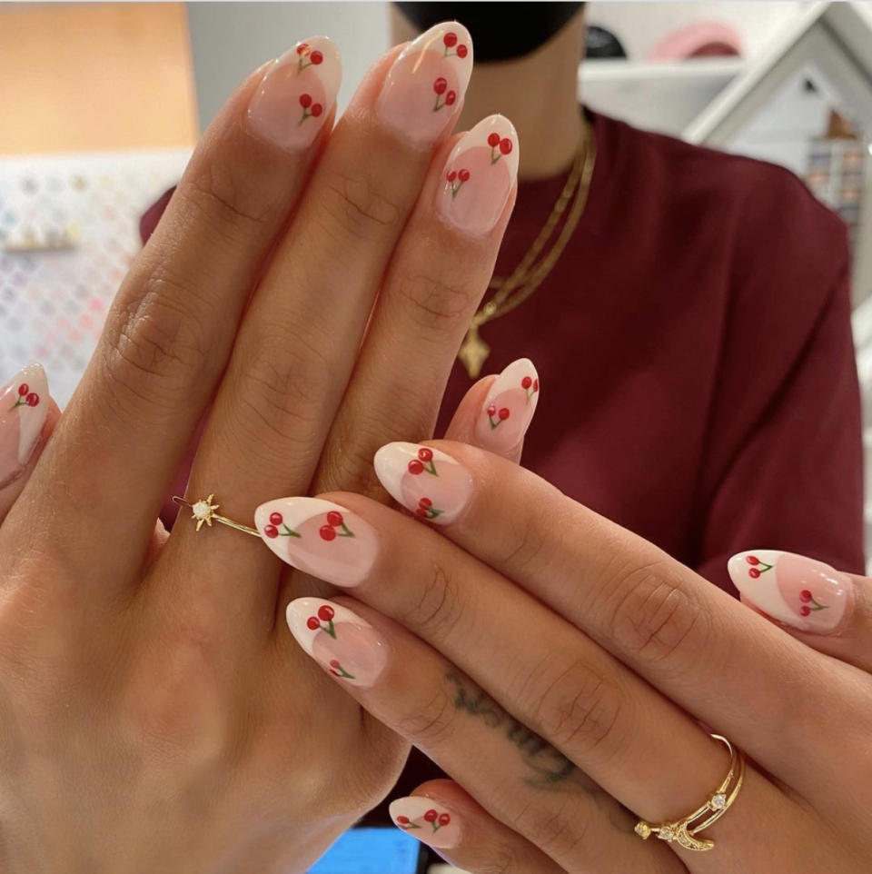 <p>Cherry pie is a Fourth of July staple — top a French manicure with tiny cherries to keep things sweet. </p>