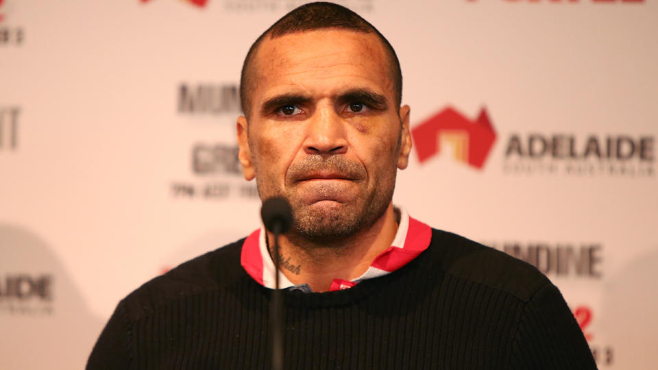 Anthony Mundine, pictured here speaking to media in 2017.