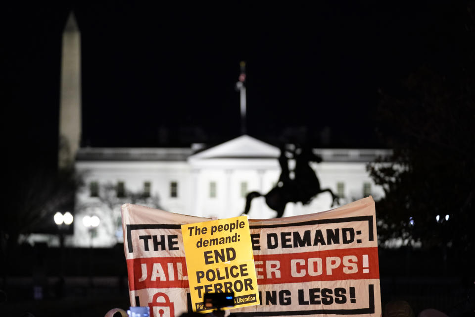 CORRECTS DATE FROM THURSDAY, JAN. 26 TO FRIDAY, JAN. 27 - Protesters gather in Lafayette Park outside the White House in Washington, Friday, Jan. 27, 2023, over the death of Tyre Nichols, who died after being beaten by Memphis police. (AP Photo/Andrew Harnik)