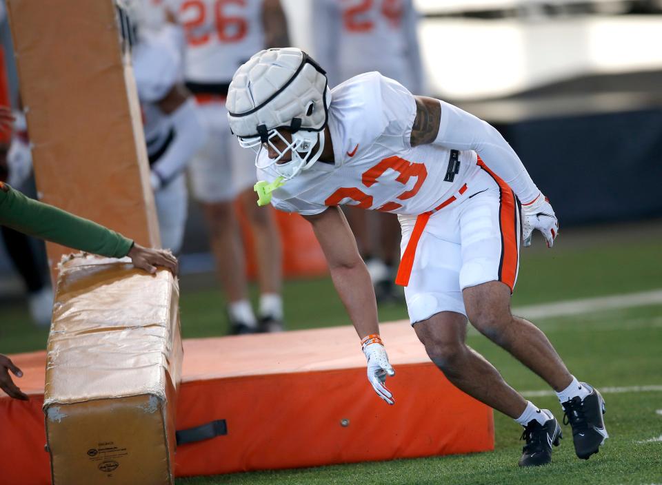 Oklahoma State's Kenneth Harris runs through drills during an Oklahoma State Cowboys Spring football practice at the at the Sherman Smith Training Center in Stillwater, Okla., Monday, March, 27, 2023. 