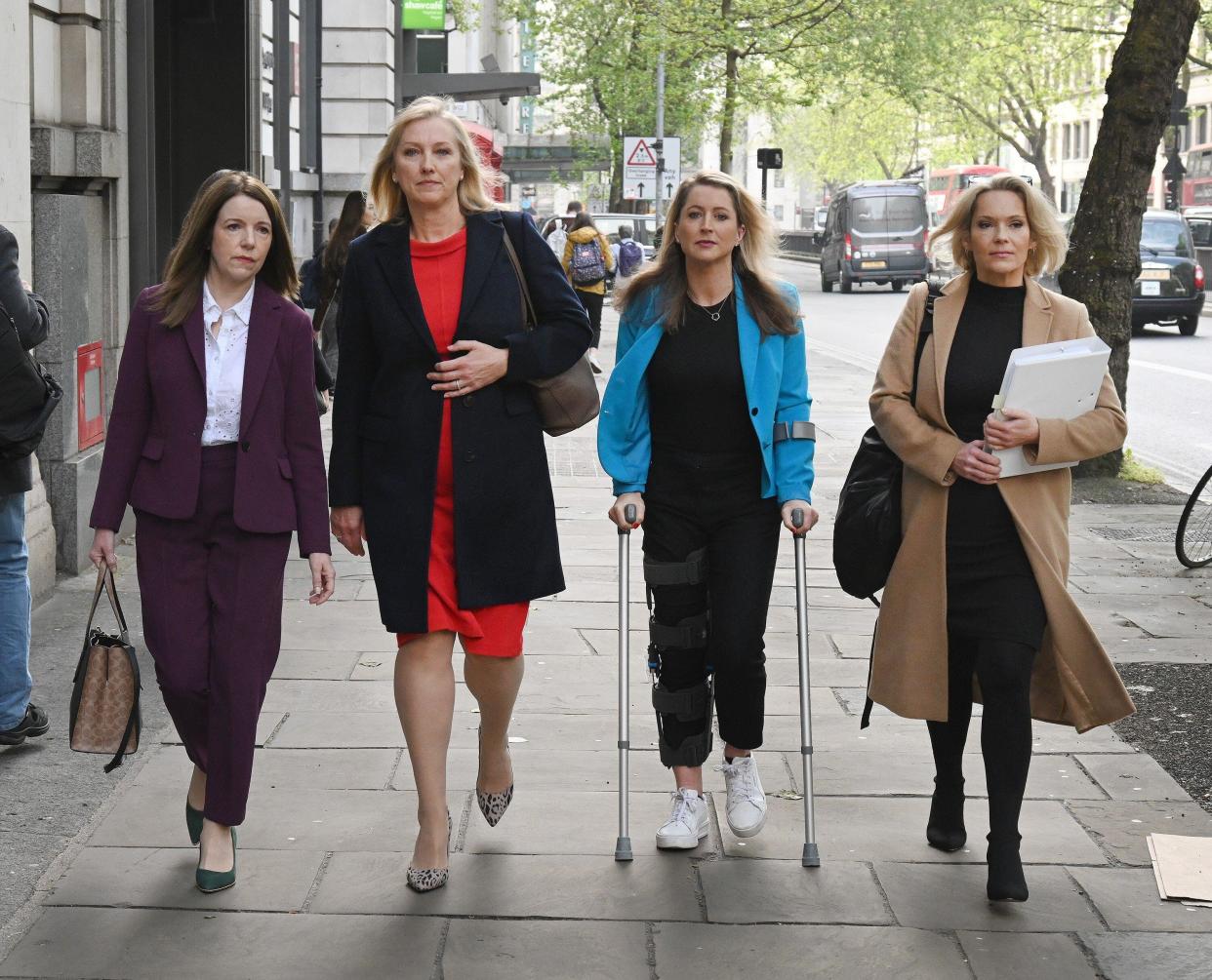 (Left to right) Annita McVeigh, Martine Croxall, Karin Giannone and Kasia Madera arriving at the London Central Employment Tribunal in Kingsway, central London, where newsreader Martine Croxall is bringing an employment tribunal against the BBC. Picture date: Wednesday May 1, 2024.