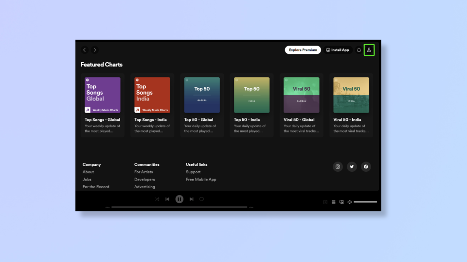 Screenshot of the Spotify website with a box highlighting the profile icon at the top right corner. 