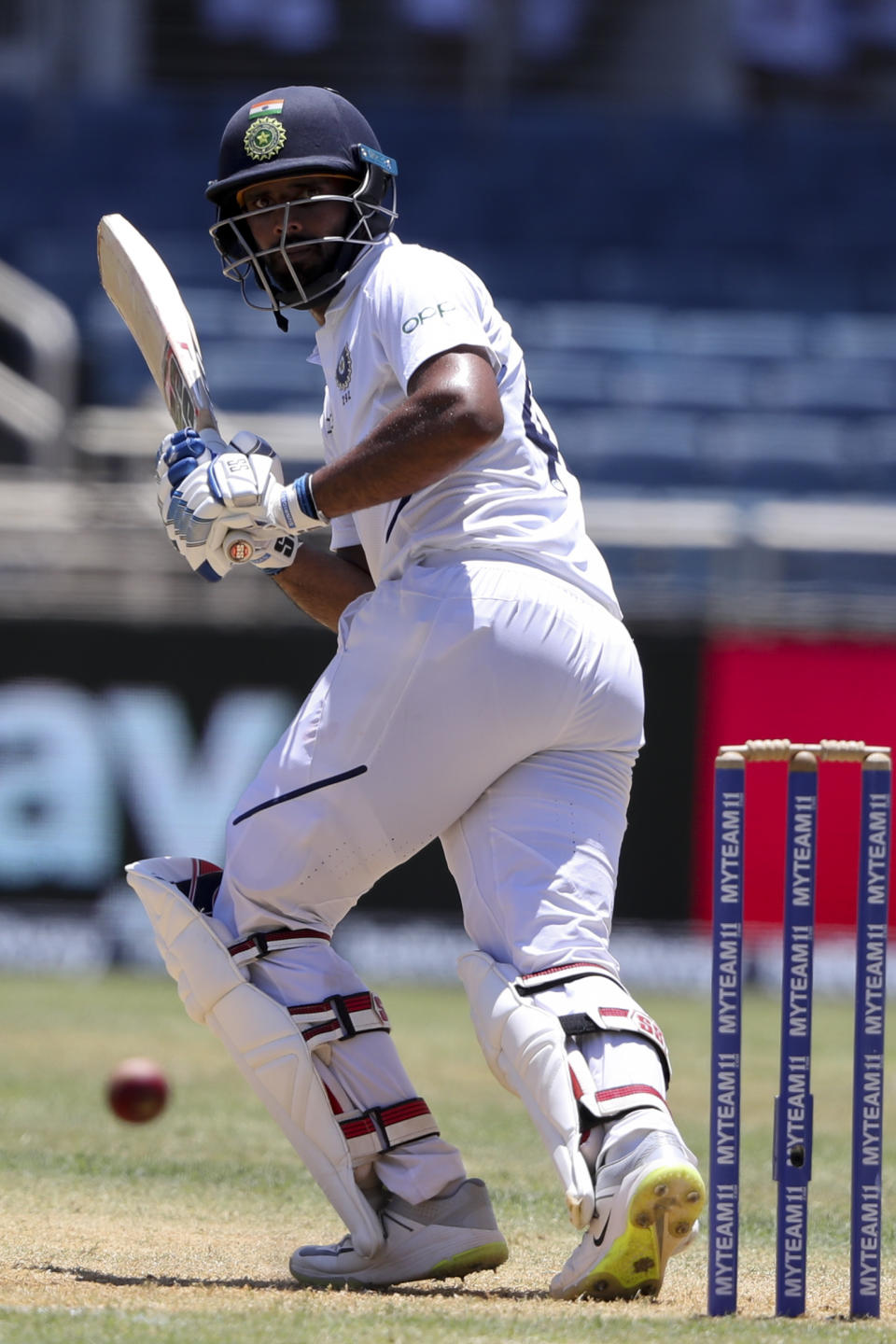 India's Hanuma Vihari plays a shot against West Indies during day two of the second Test cricket match at Sabina Park cricket ground in Kingston, Jamaica Saturday, Aug. 31, 2019. (AP Photo/Ricardo Mazalan)