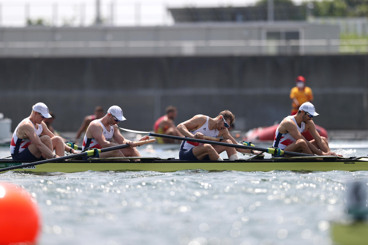 TOKYO, JAPAN - JULY 28:  Oliver Cook, Matthew Rossiter, Rory Gibbs and Sholto Carnegie of Team Great Britain react after coming in fourth during the Men's Four Final A on day five of the Tokyo 2020 Olympic Games at Sea Forest Waterway on July 28, 2021 in Tokyo, Japan. (Photo by Naomi Baker/Getty Images)