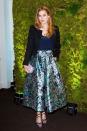 <p>Princess Beatrice wore a stunning floral skirt matched with a navy blue shirt, black blazer, and strappy heels to a fundraising gala auction and dinner.</p>