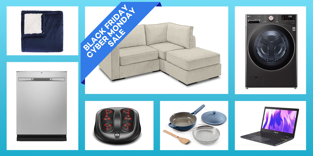 heated blanket, lovesac sectional, washing machine, laptop, always pan, foot massager, dishwasher