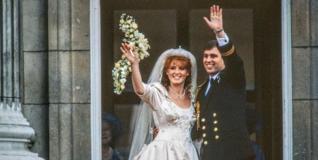 view of just married couple sarah, duchess of york, and prince andrew, duke of york, as they wave from the balcony of buckingham palace, london, england, july 23, 1986 photo by derek hudsongetty images