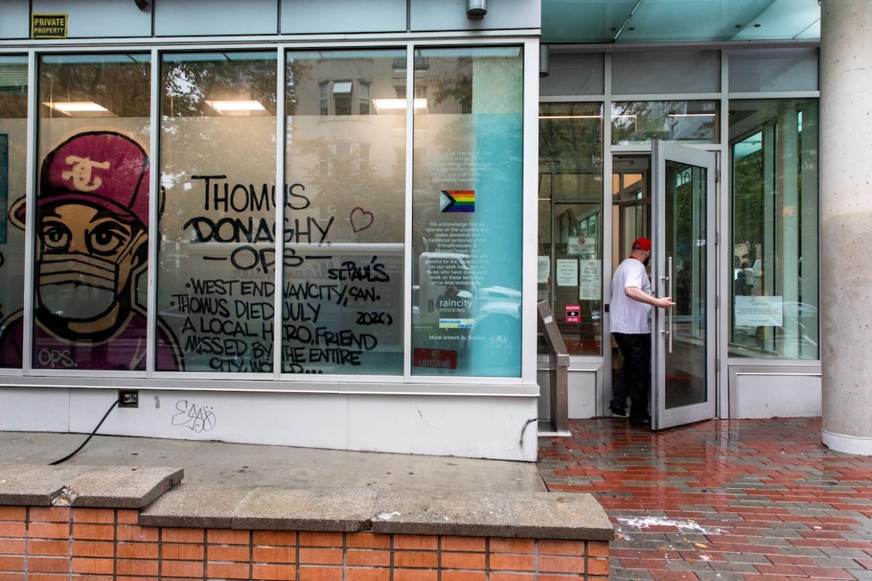 The previous site of the Yaletown overdose prevention site is seen on the intersection of Seymour Street and Helmcken Street. The site has now moved to Howe Street. (Justine Boulin/CBC - image credit)